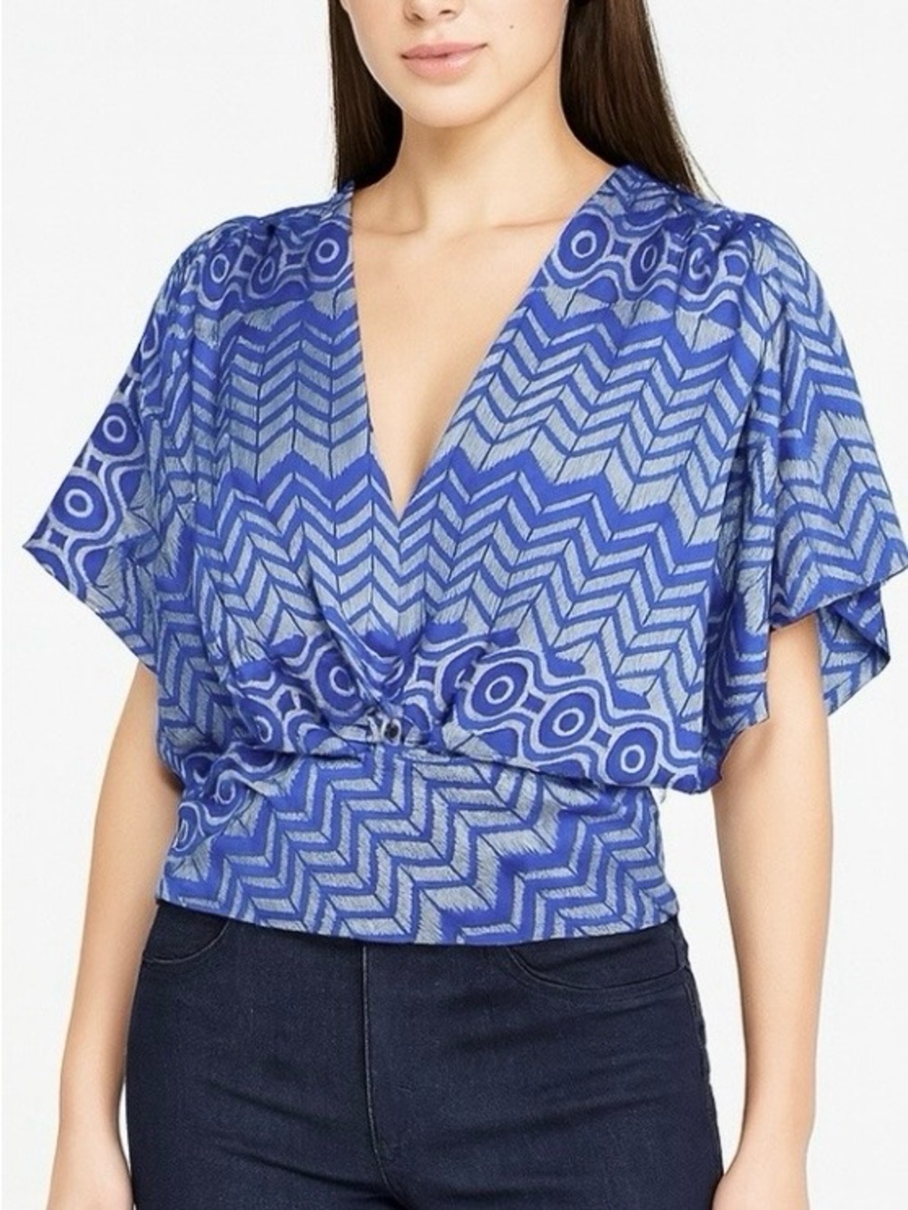 Anthropologie Fei Kimono Sleeve Blouse XS Blue Geometric V Neck Boho